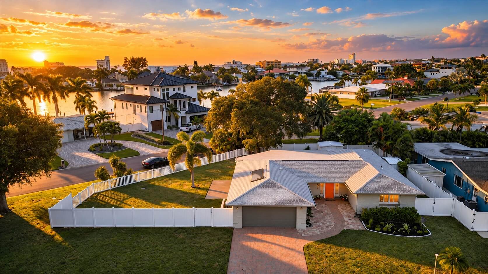 Tampa Bay real estate photography featuring an aerial drone view of a residential home, tropical landscaping, and waterfront neighborhood at sunset.